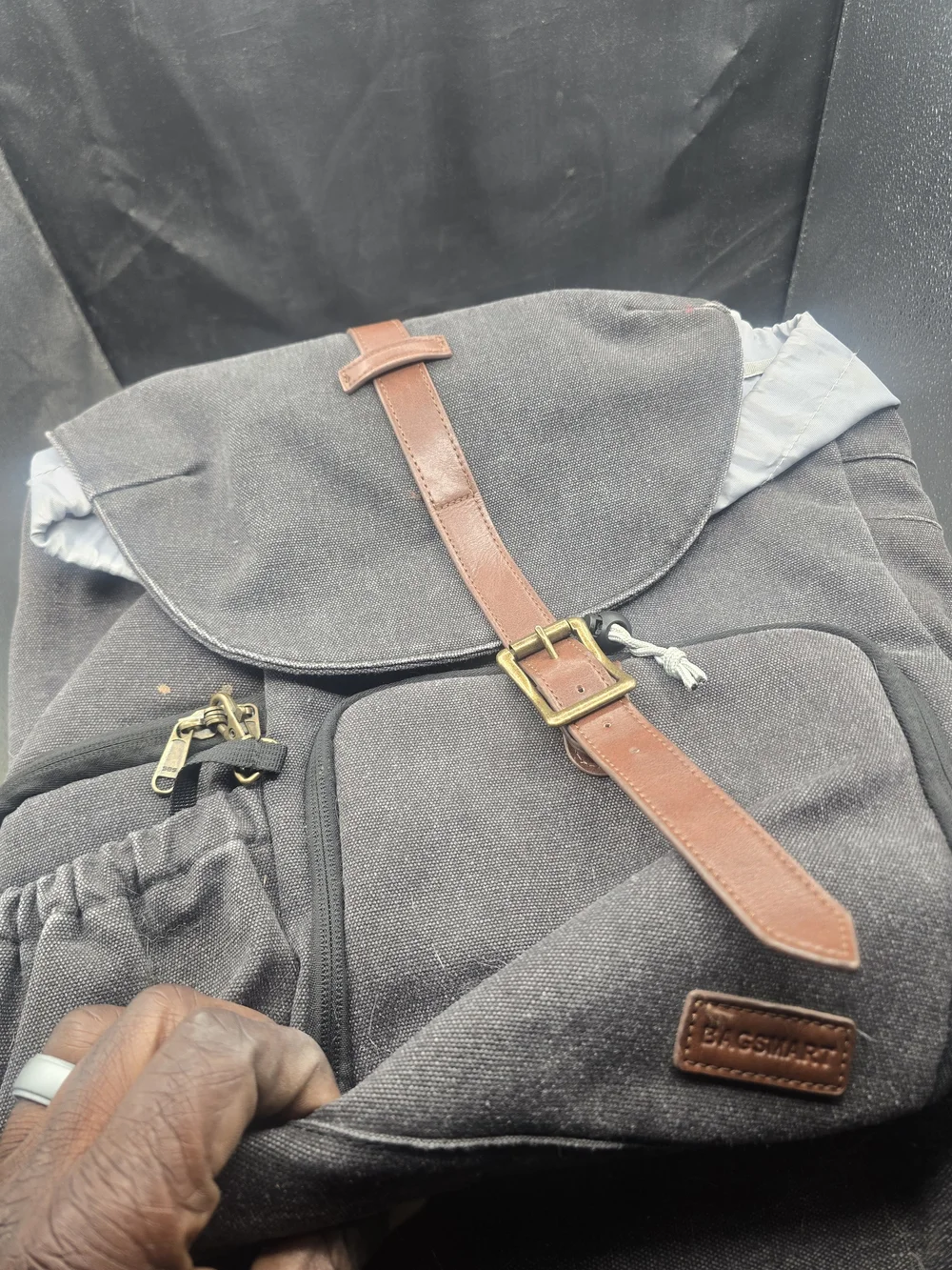 Black Canvas Backpack with Brown Leather Accents by BagGuard